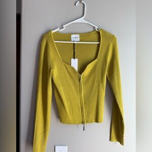 NWT Pink Rose zip up ribbed sweater top mustard yellow Y2K fitted long sleeve M